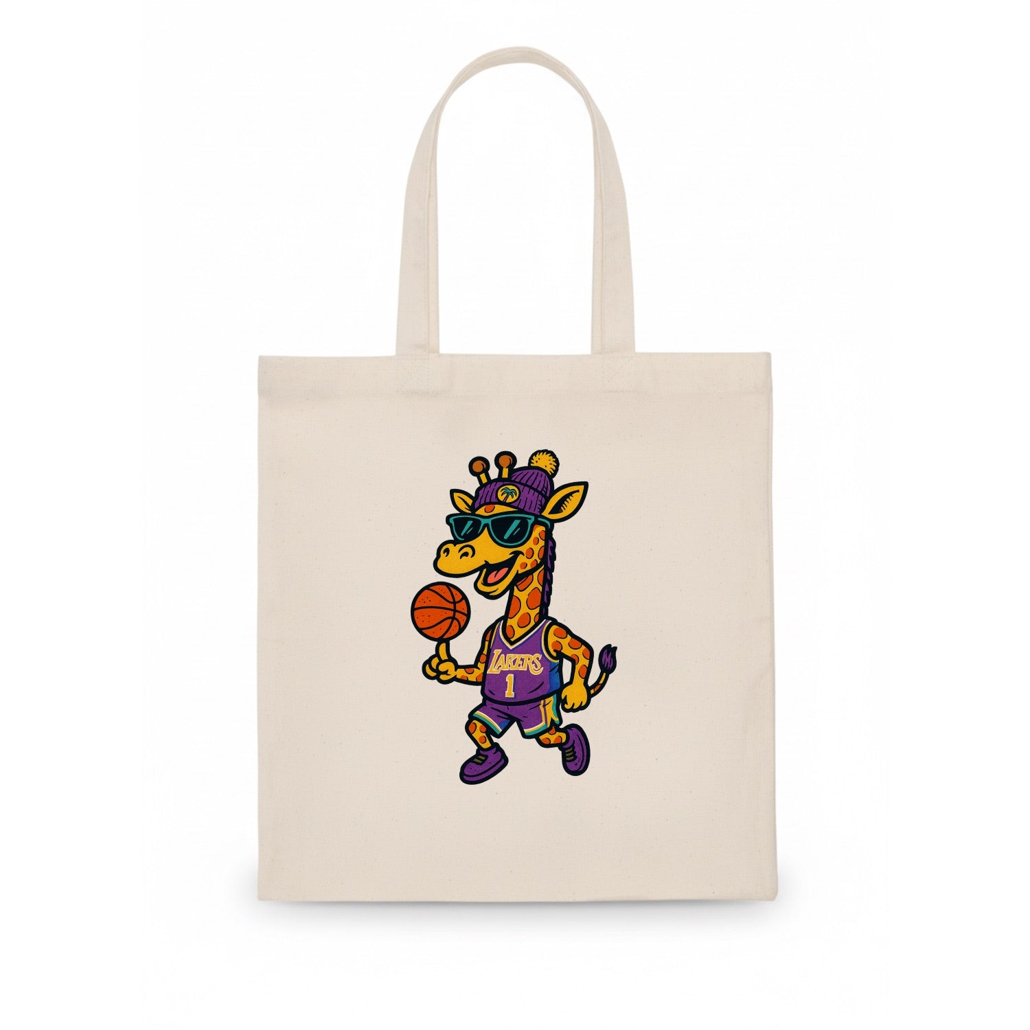 California Giraffe wearing Lakers beanie with palm tree patch and wayfarer sunglasses - Tote Bag - white