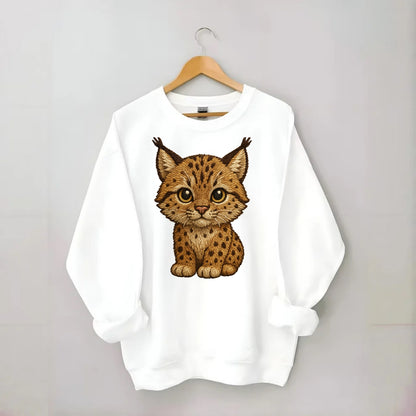 Baby Lynx Cub - tufted ears, spotted fur, golden eyes, front-facing, wild baby - Crewneck Sweatshirt - white