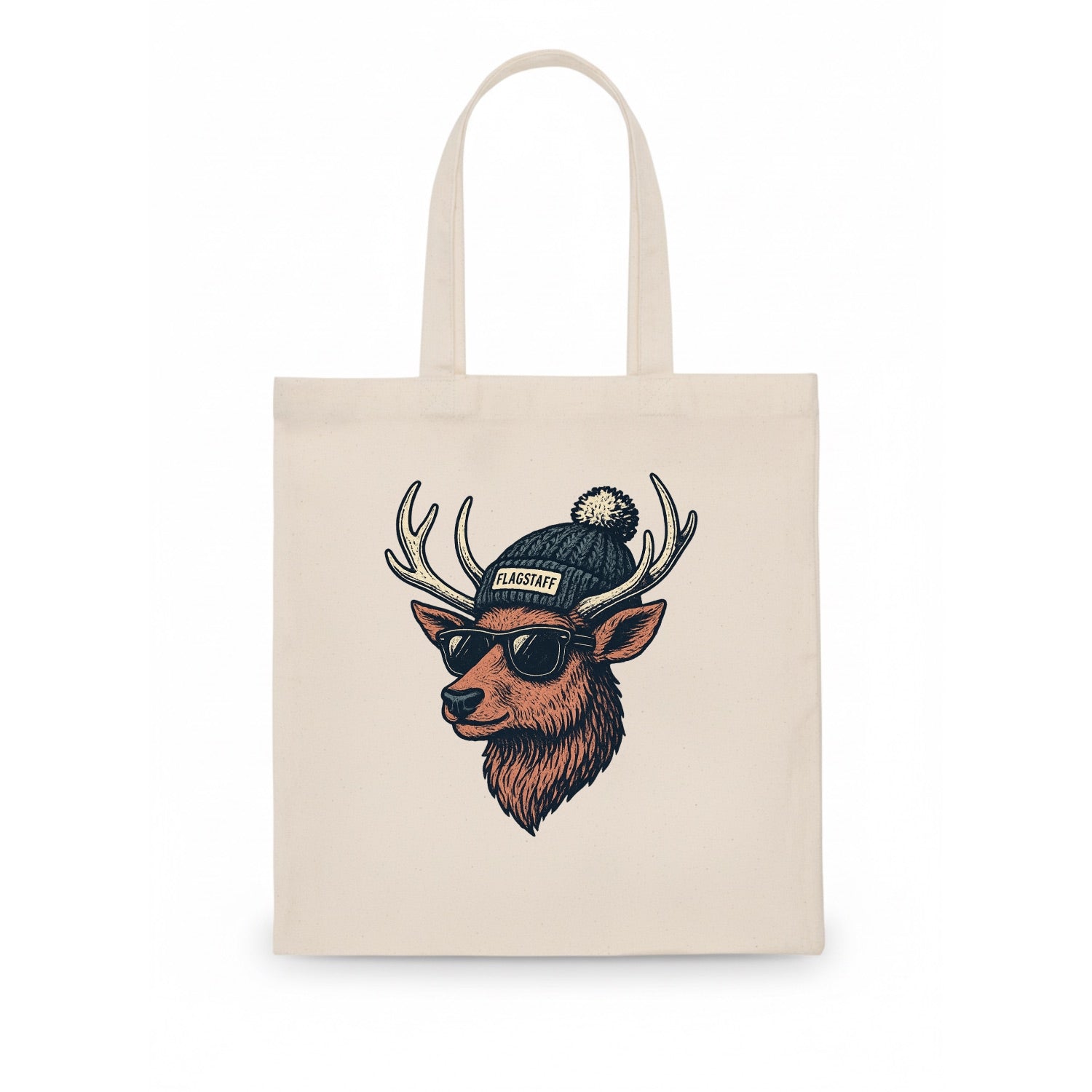 Flagstaff Elk wearing Flagstaff beanie with pom pom and wayfarer sunglasses - Tote Bag - white