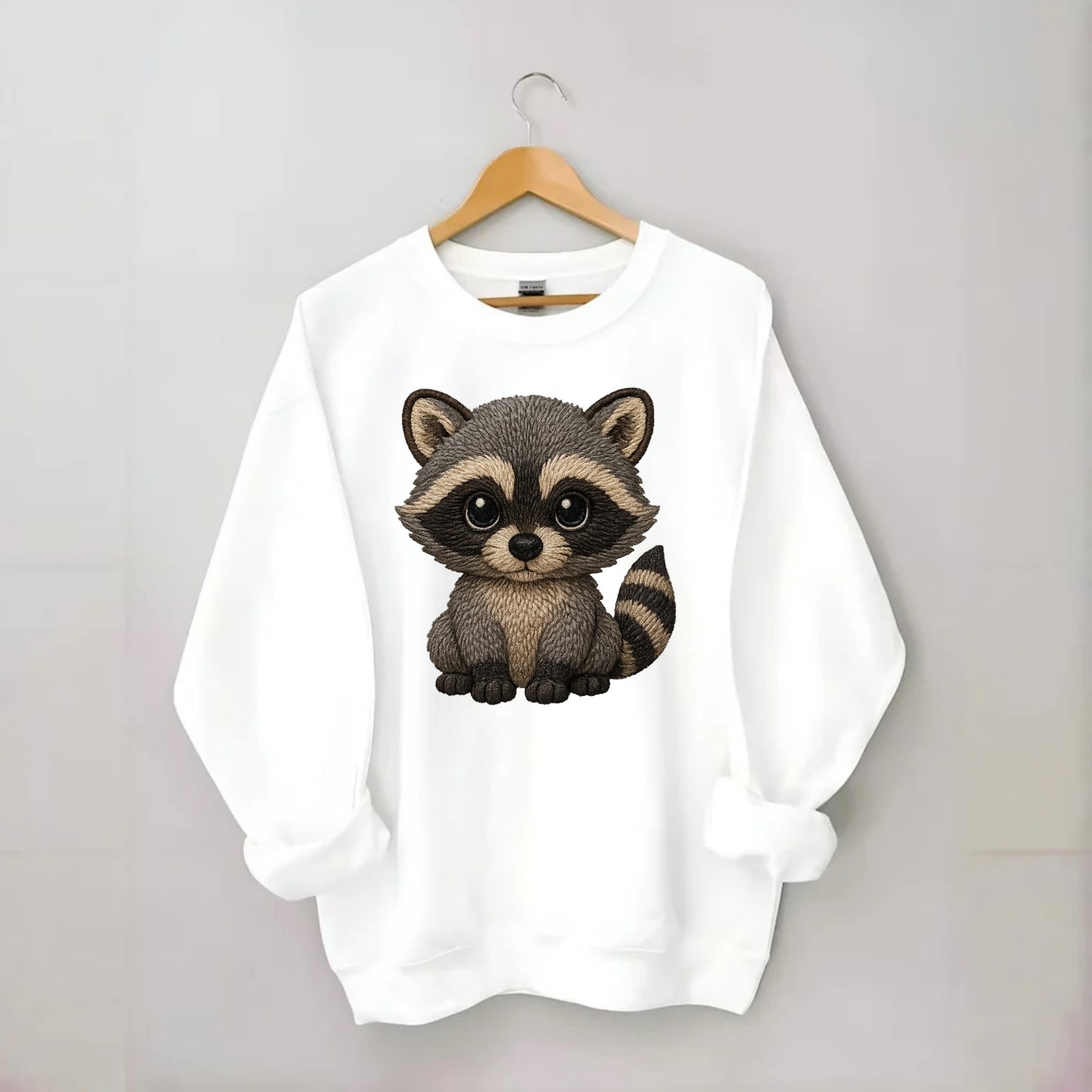 Baby Raccoon - gray fur, black mask, ringed tail, bright curious eyes, - Crewneck Sweatshirt - white