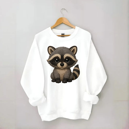 Baby Raccoon - gray fur, black mask, ringed tail, bright curious eyes, - Crewneck Sweatshirt