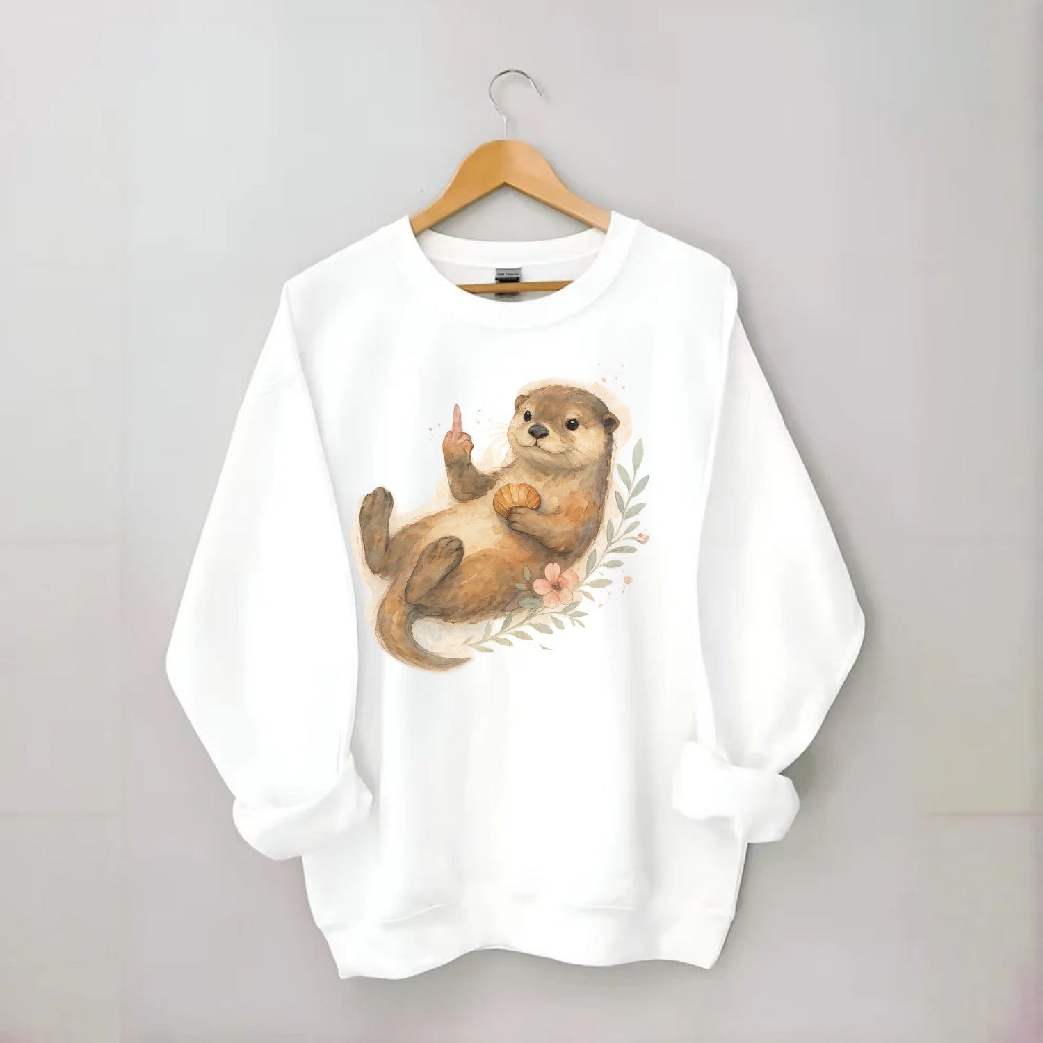 adorable otter floating on back, middle finger up while holding a shellfish - Crewneck Sweatshirt - white