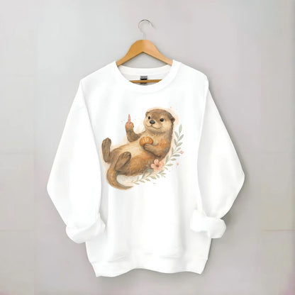 adorable otter floating on back, middle finger up while holding a shellfish - Crewneck Sweatshirt - white