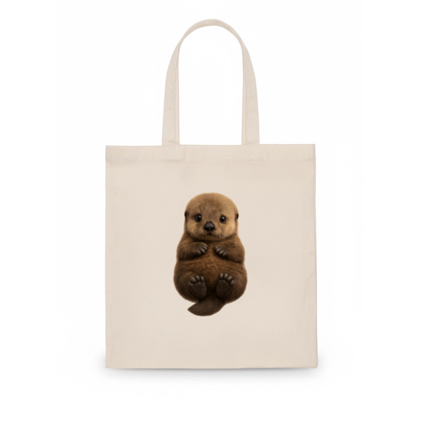 Baby Sea Otter - brown fluffy, floating on back, tiny paws, bright eyes, front-facing, - Tote Bag - white