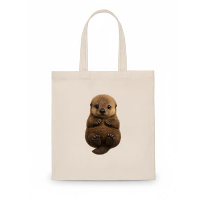 Baby Sea Otter - brown fluffy, floating on back, tiny paws, bright eyes, front-facing, - Tote Bag - white