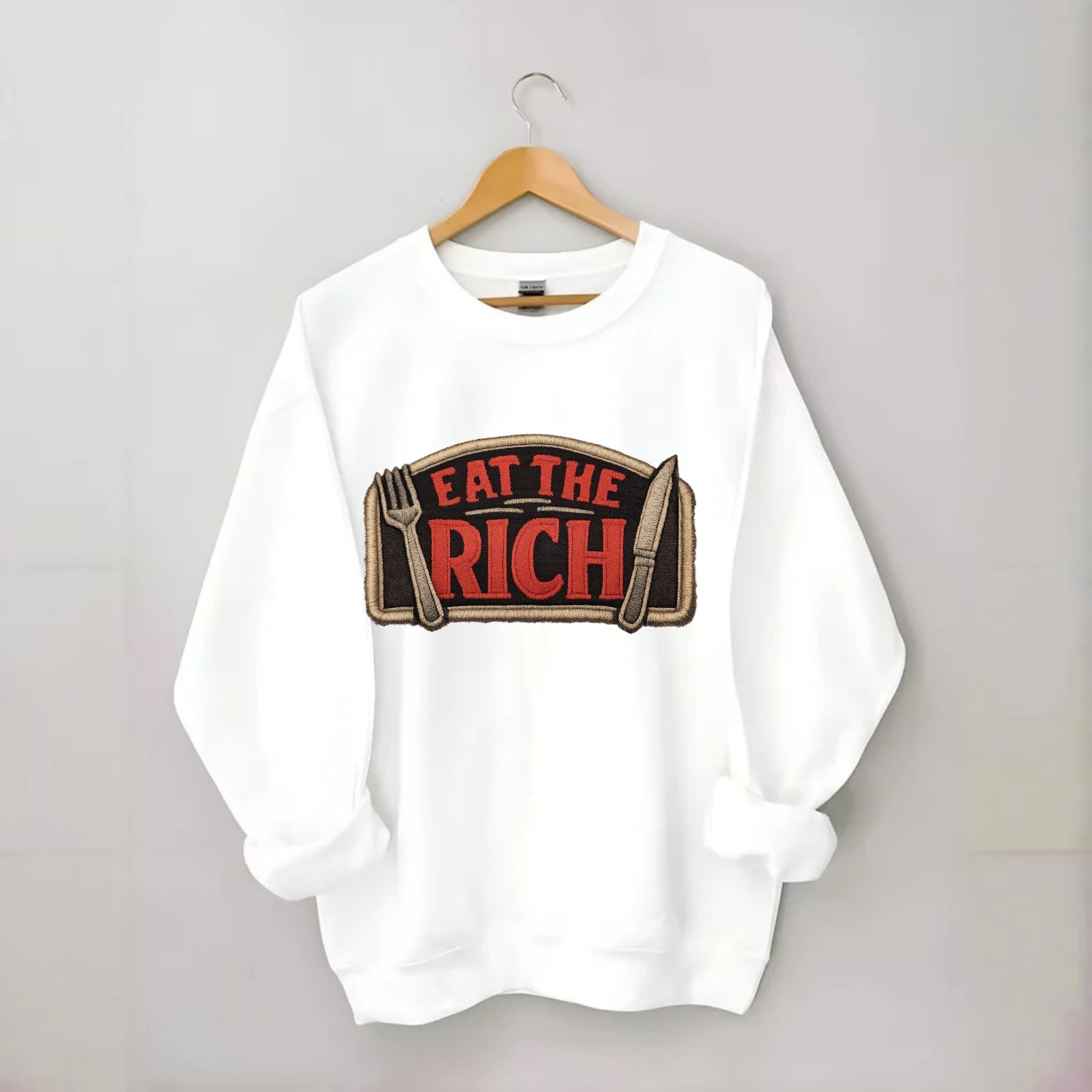 EAT THE RICH - fork and knife with text in red and silver , class war - Crewneck Sweatshirt - white