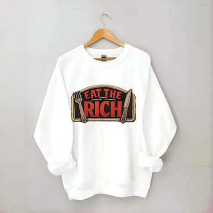 EAT THE RICH - fork and knife with text in red and silver , class war - Crewneck Sweatshirt - white