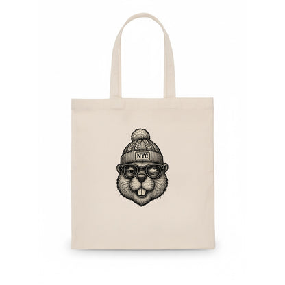 New York Beaver wearing NYC beanie with pom pom and wayfarer sunglasses - Tote Bag - white