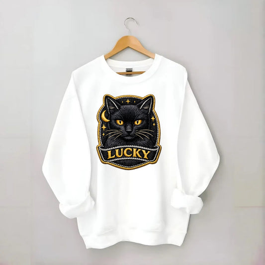 BLACK CAT LUCKY - sleek black cat with gold eyes in black , mysterious feline - Crewneck Sweatshirt - white