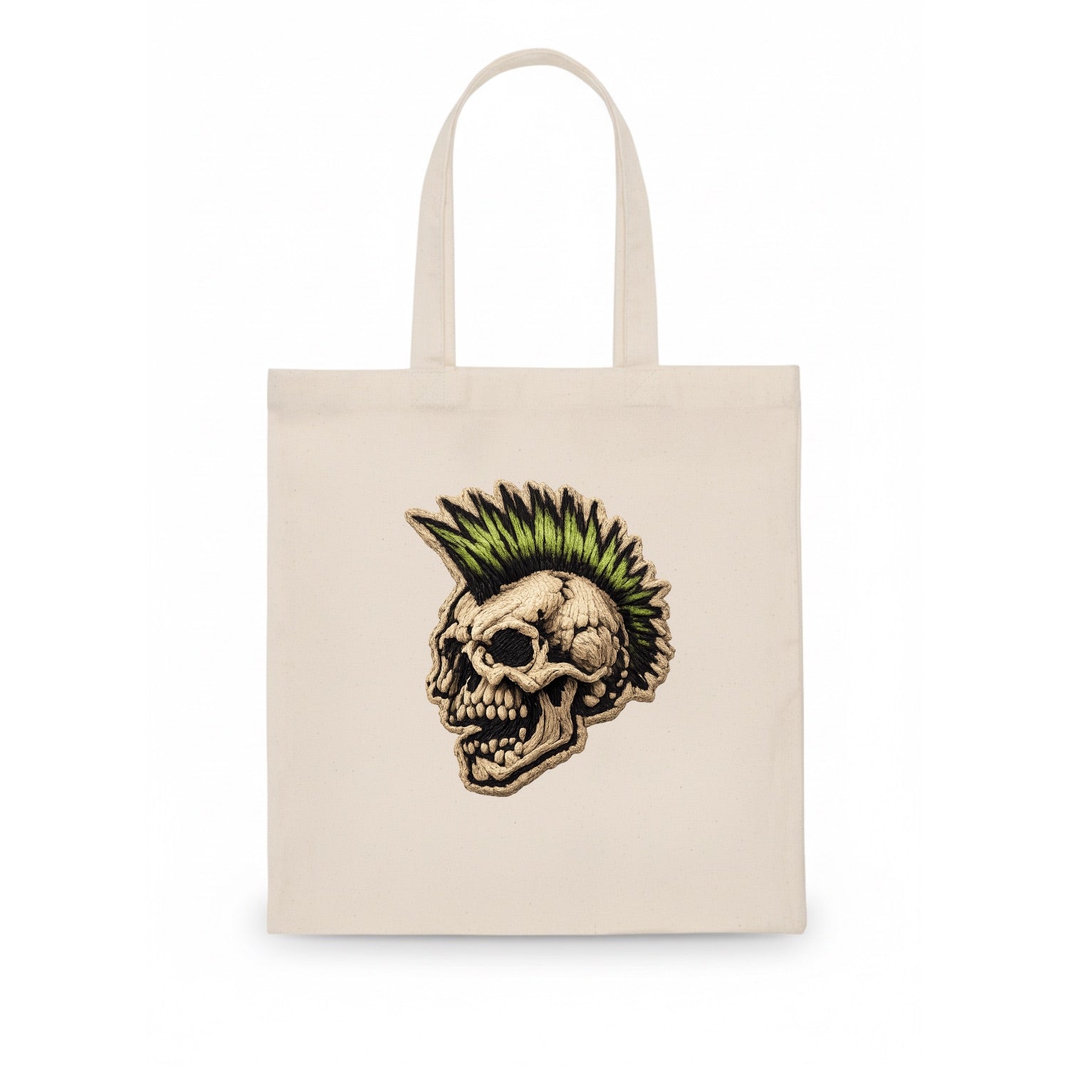 MOHAWK SKULL - punk skull with mohawk in neon green and black , punk rock - Tote Bag - white