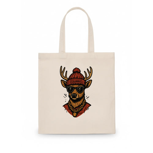 Columbus White-tailed Deer wearing Columbus beanie with pom pom and wayfarer sunglasses - Tote Bag