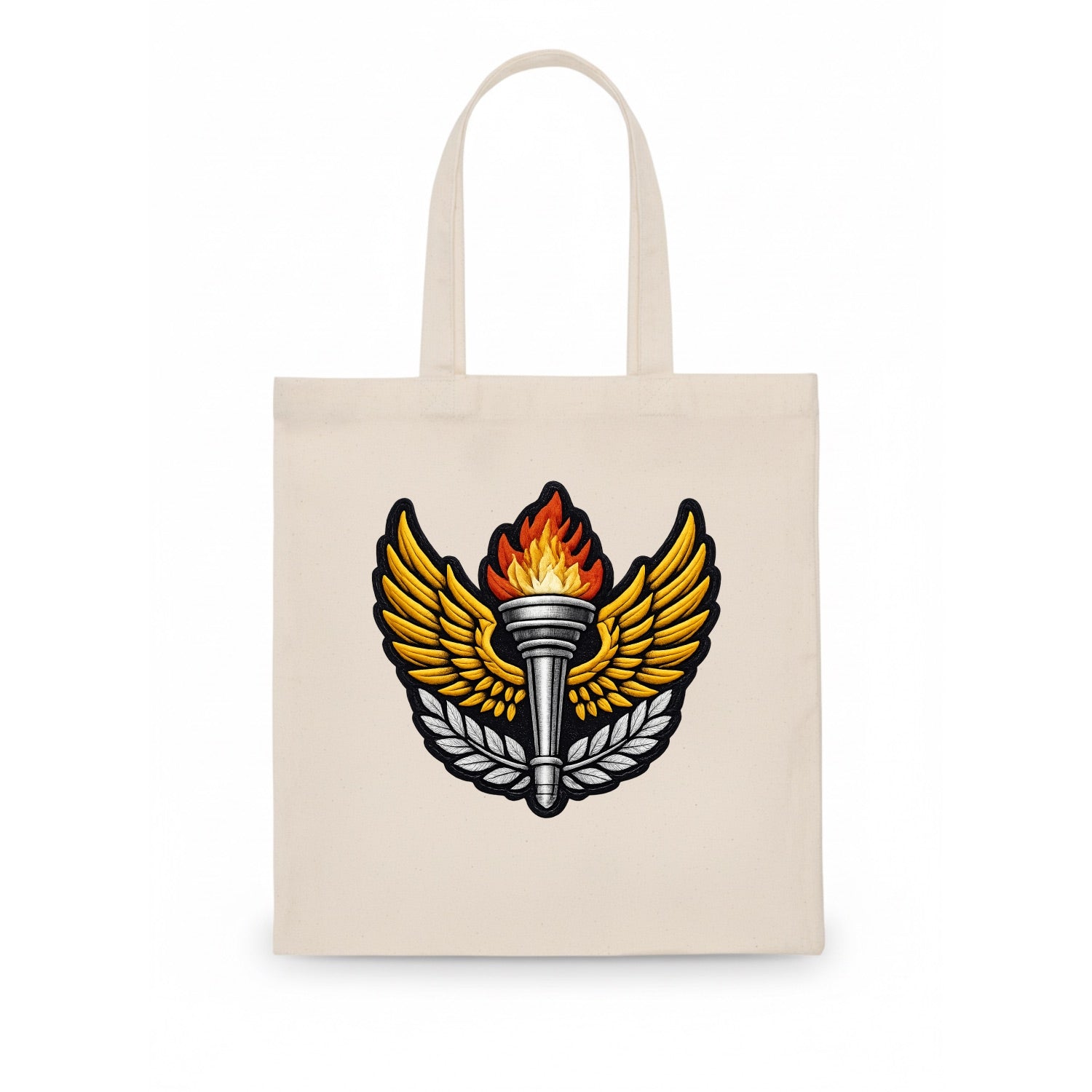 Embroidered patch design - TRACK AND FIELD TORCH - Olympic style torch with wings in - Tote Bag - white