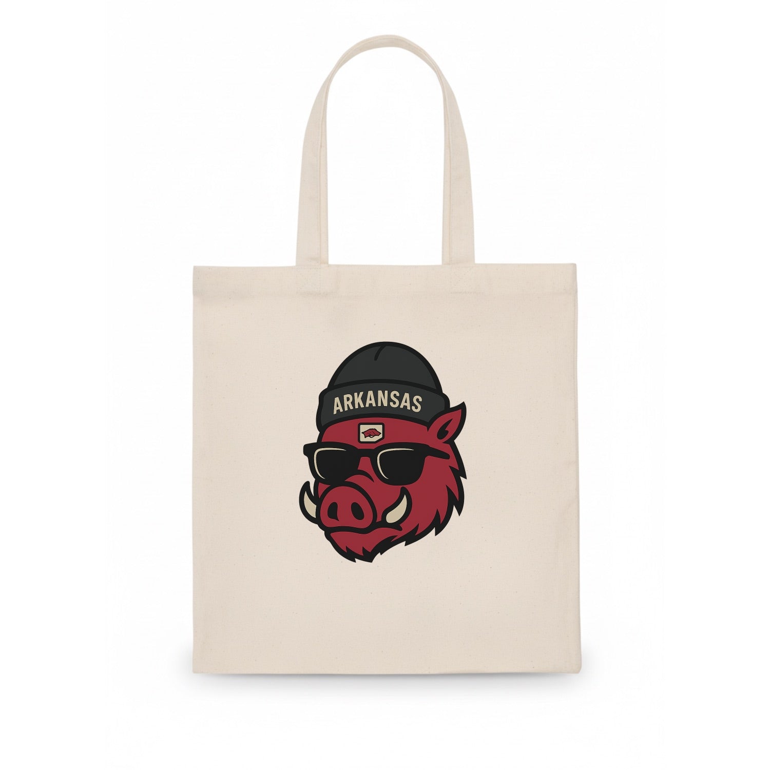 Fayetteville Razorback wearing Arkansas beanie with hog patch - Tote Bag - white