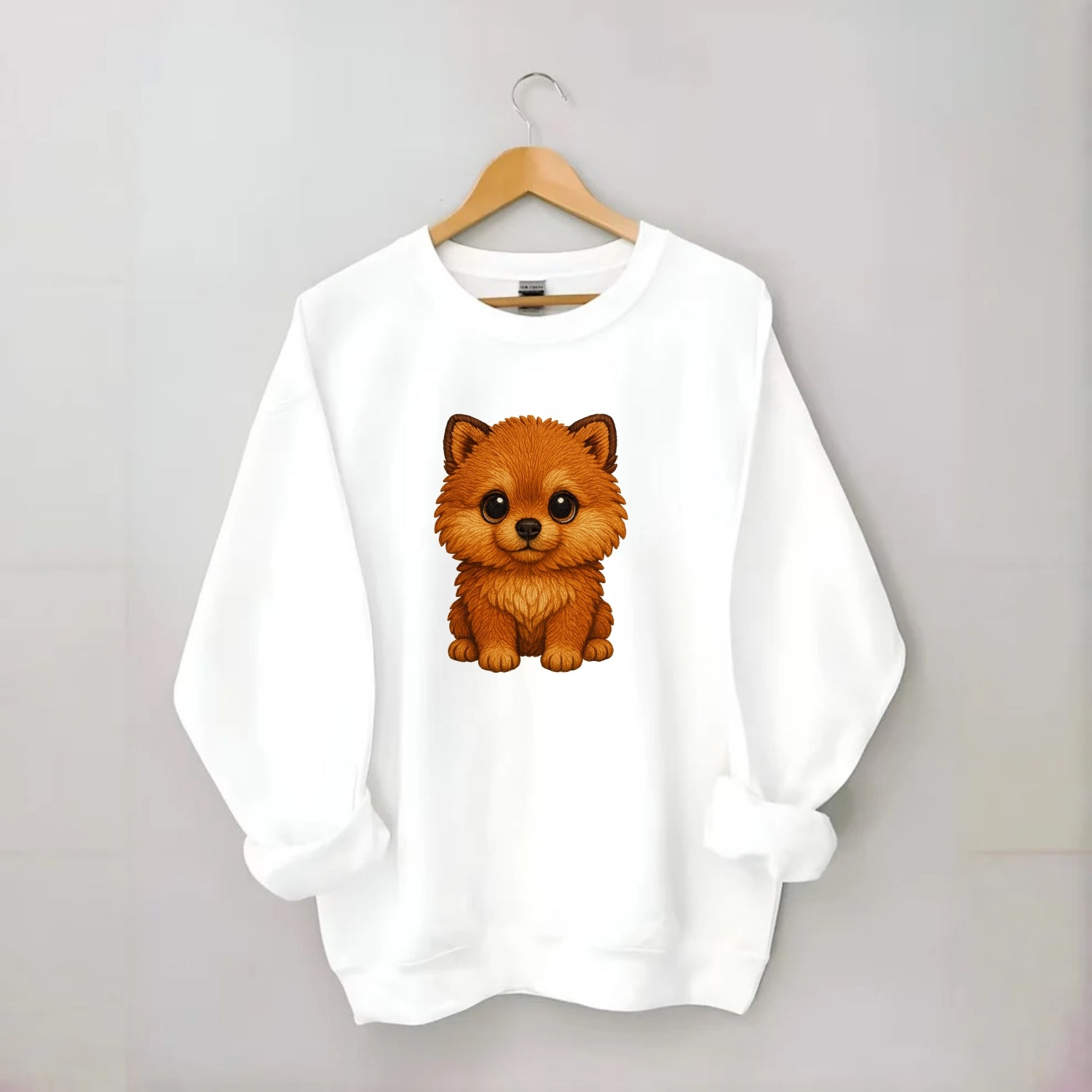 Baby Pomeranian Puppy - fluffy orange ball, fox face, tiny body, bright eyes, - Crewneck Sweatshirt - white