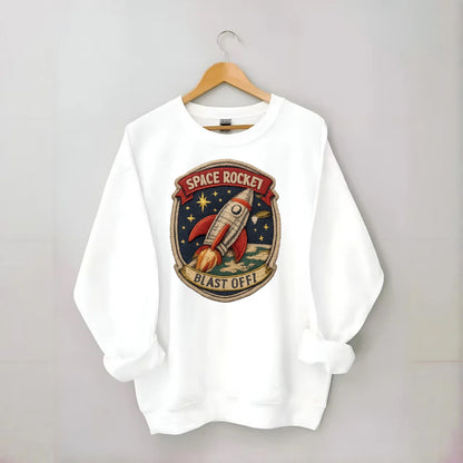 RETRO ROCKET - 1950s space rocket in silver and red , atomic age - Crewneck Sweatshirt - white