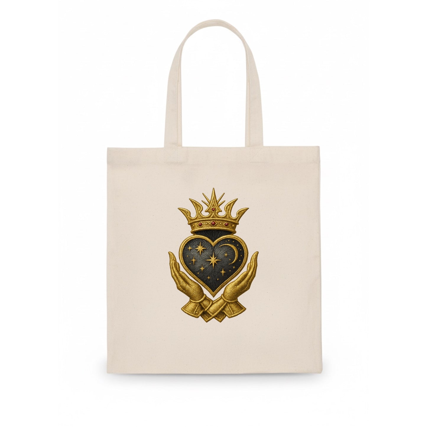 Hammered bronze warrior crown anchoring a dark steel heart with shield-bearing hands. - Tote Bag - white