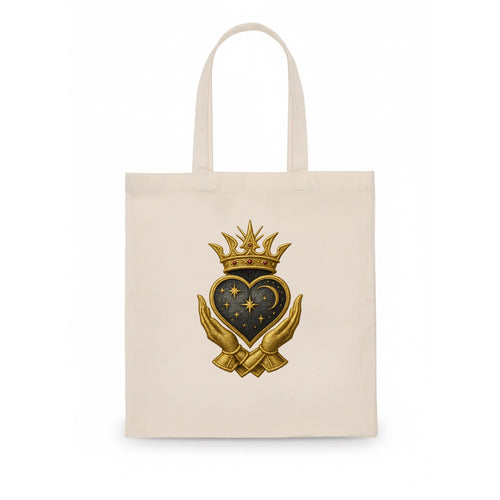 Hammered bronze warrior crown anchoring a dark steel heart with shield-bearing hands. - Tote Bag
