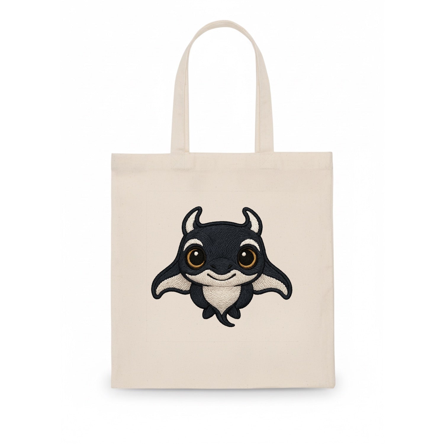 Baby Manta Ray - dark with white markings, cephalic fins, gentle eyes, front-facing, - Tote Bag - white