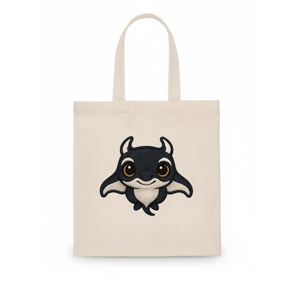 Baby Manta Ray - dark with white markings, cephalic fins, gentle eyes, front-facing, - Tote Bag - white