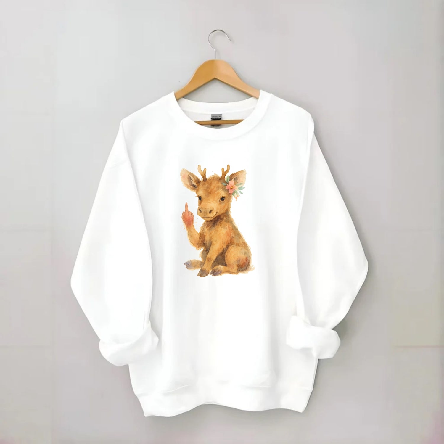 baby moose with adorable tiny antlers, one hoof raised in attitude - Crewneck Sweatshirt - white