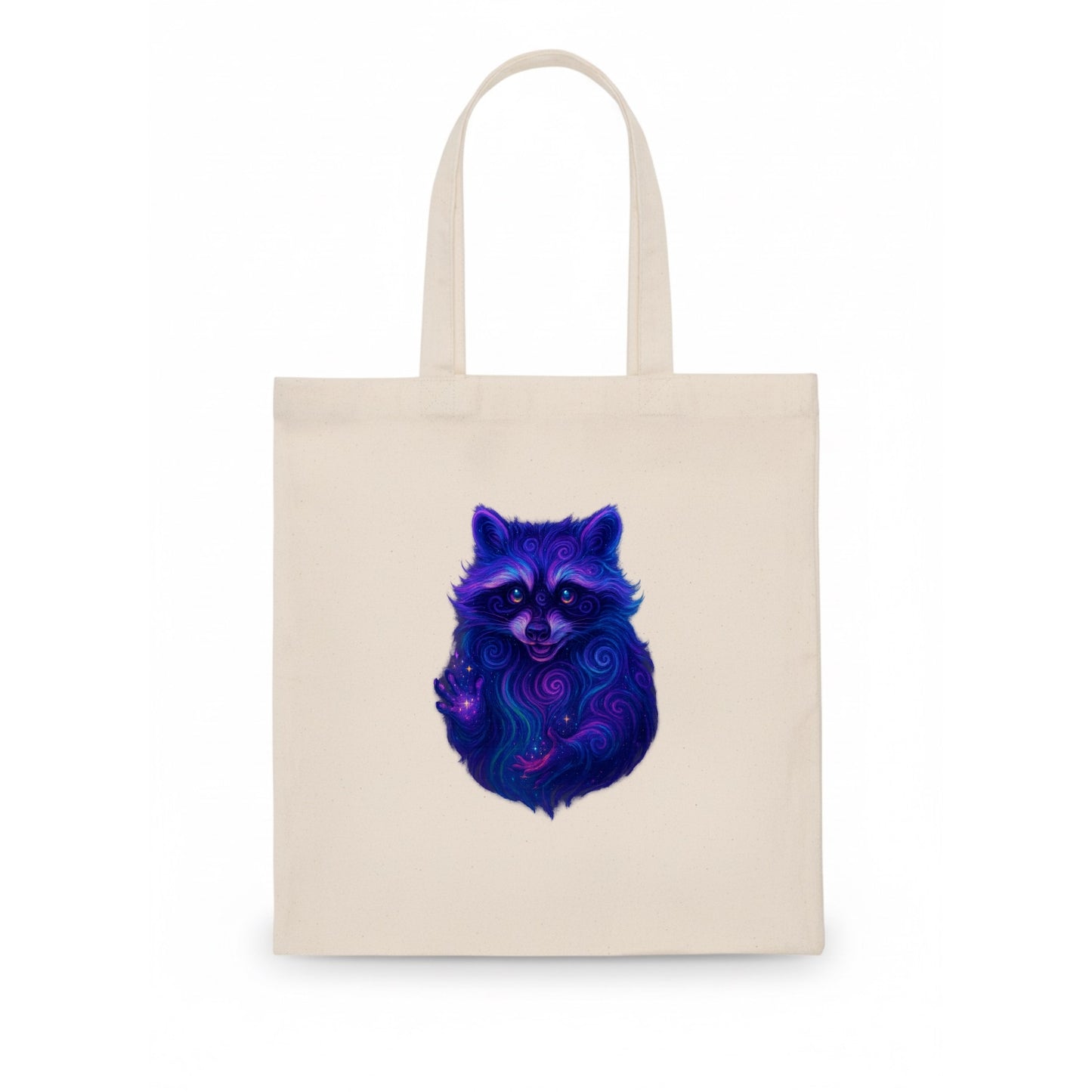 Playful raccoon with mask swirling in hypnotic patterns, neon purple and green fur with - Tote Bag - white
