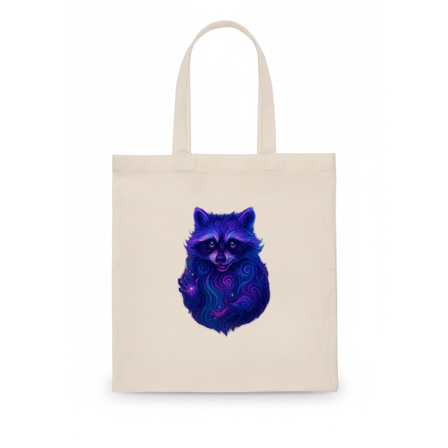 Playful raccoon with mask swirling in hypnotic patterns, neon purple and green fur with - Tote Bag - white