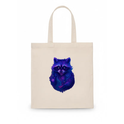 Playful raccoon with mask swirling in hypnotic patterns, neon purple and green fur with - Tote Bag - white