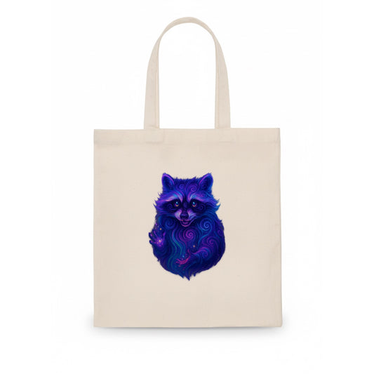 Playful raccoon with mask swirling in hypnotic patterns, neon purple and green fur with - Tote Bag - white