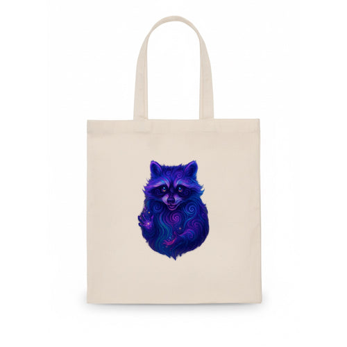 Playful raccoon with mask swirling in hypnotic patterns, neon purple and green fur with - Tote Bag