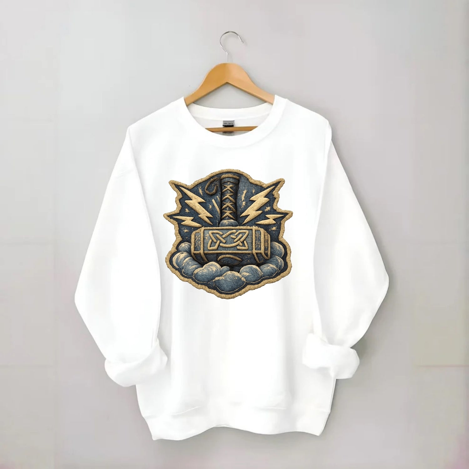 THOR HAMMER MJOLNIR - mighty hammer in silver and blue , thunder god - Crewneck Sweatshirt - white