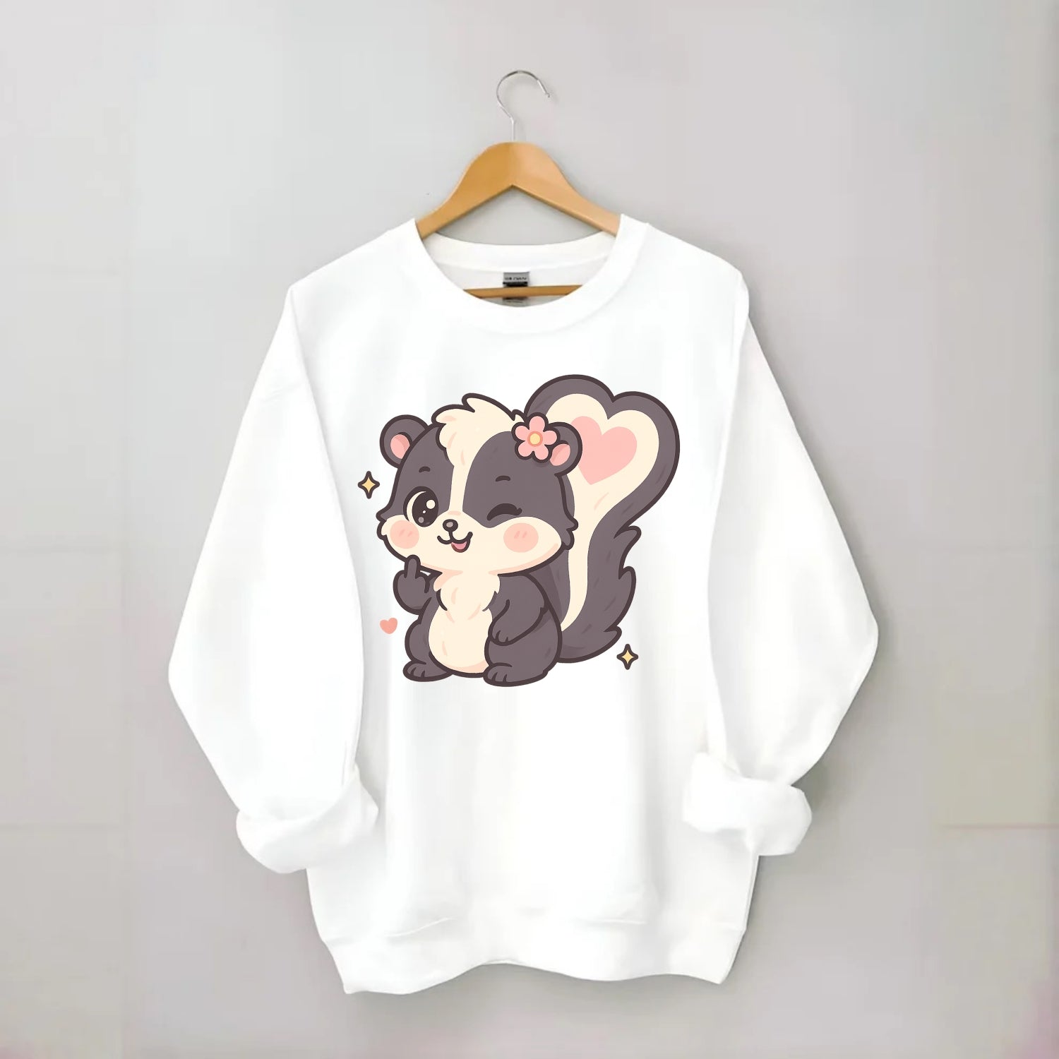 fluffy skunk with heart-shaped tail pattern, one paw up showing sass - Crewneck Sweatshirt - white