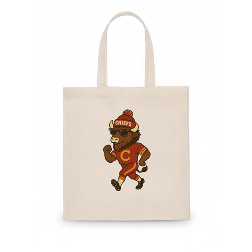 KC Bison wearing Chiefs beanie with arrowhead patch and wayfarer sunglasses - Tote Bag