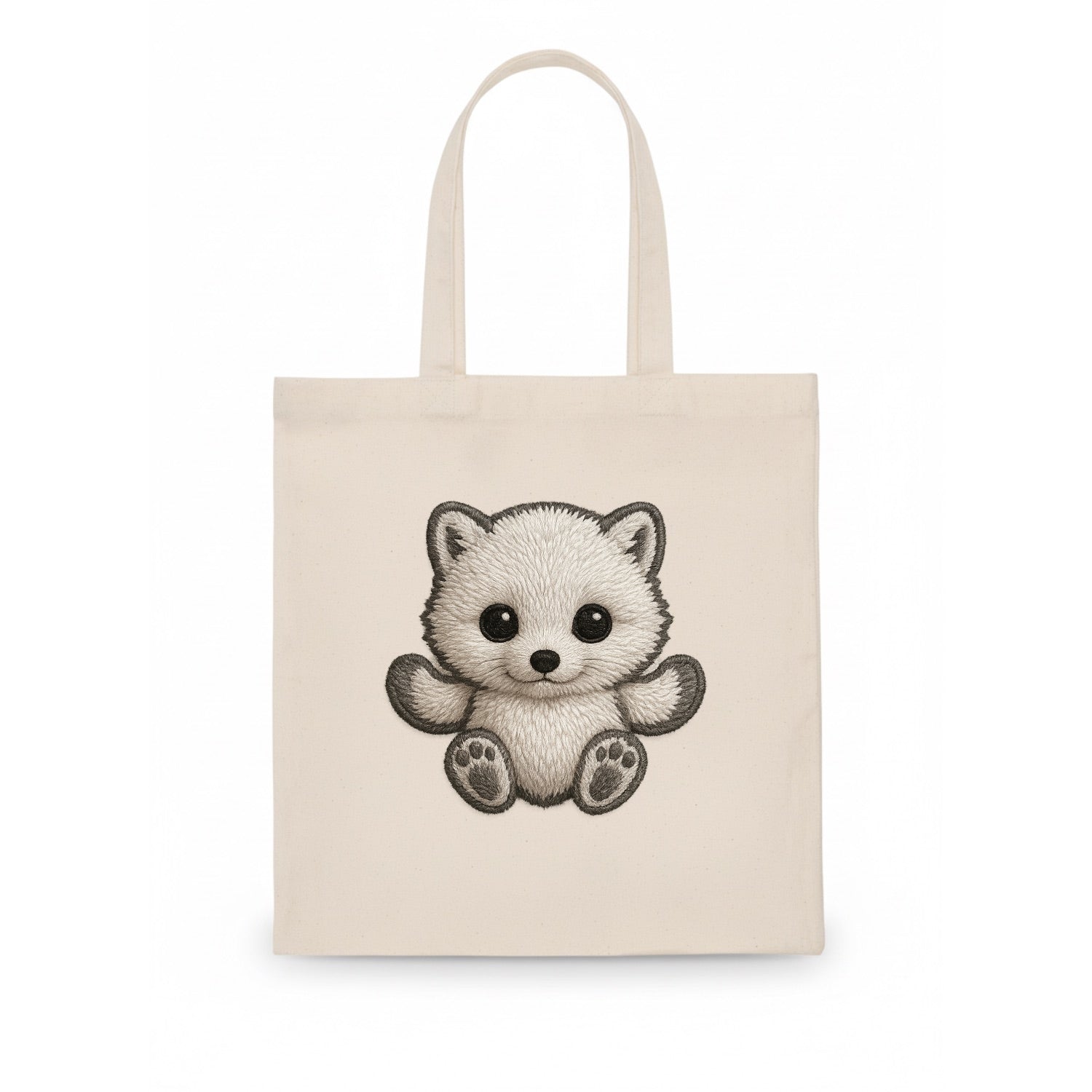 Baby Arctic Fox - white fluffy, tiny black nose, bright curious eyes, front-facing, snow - Tote Bag - white