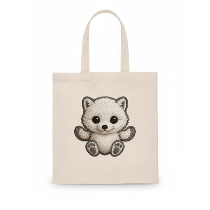 Baby Arctic Fox - white fluffy, tiny black nose, bright curious eyes, front-facing, snow - Tote Bag - white