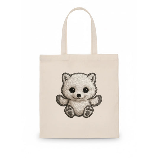 Baby Arctic Fox - white fluffy, tiny black nose, bright curious eyes, front-facing, snow - Tote Bag - white