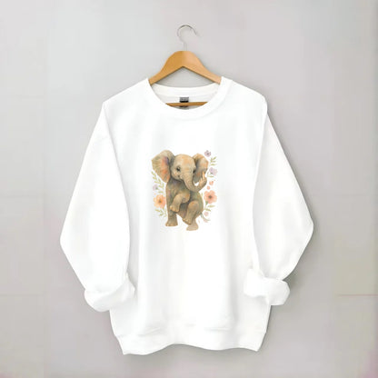 baby elephant with trunk up, one foot raised with middle toe extended - Crewneck Sweatshirt - white