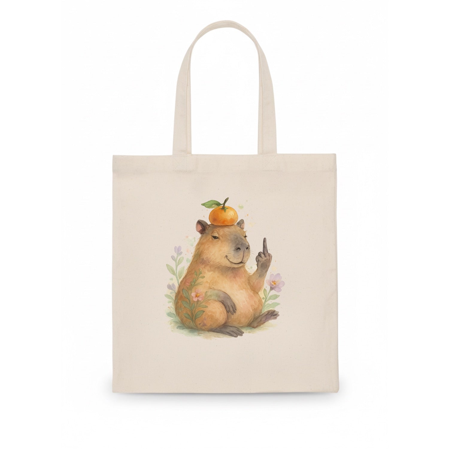 chonky capybara relaxing with orange on head, one webbed middle finger up - Tote Bag - white