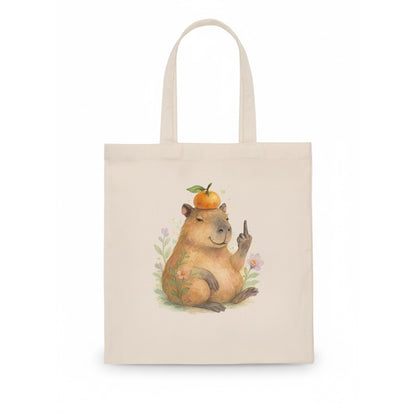 chonky capybara relaxing with orange on head, one webbed middle finger up - Tote Bag - white