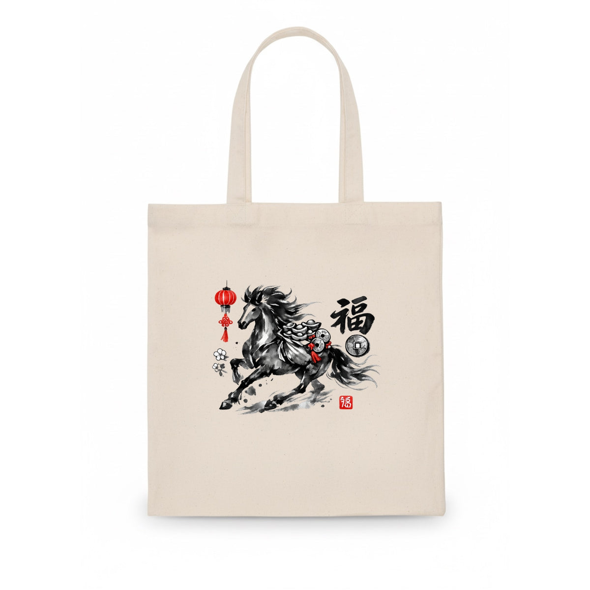 PROSPERITY HORSE | Horse carrying gold ingots and coins | Chinese knot decorations | Red - Tote Bag - white