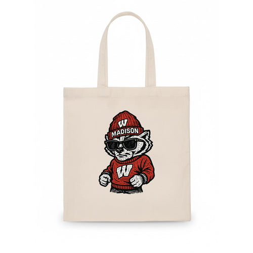 Madison Badger wearing Wisconsin beanie with motion W patch - Tote Bag