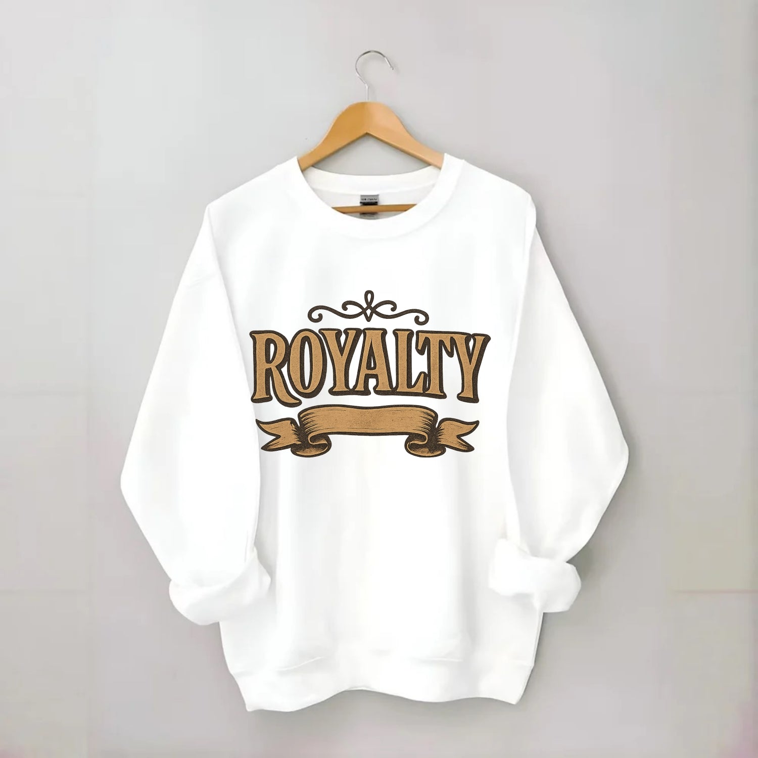 Bold typography design - "ROYALTY" - regal bearing, noble spirit - Crewneck Sweatshirt - white
