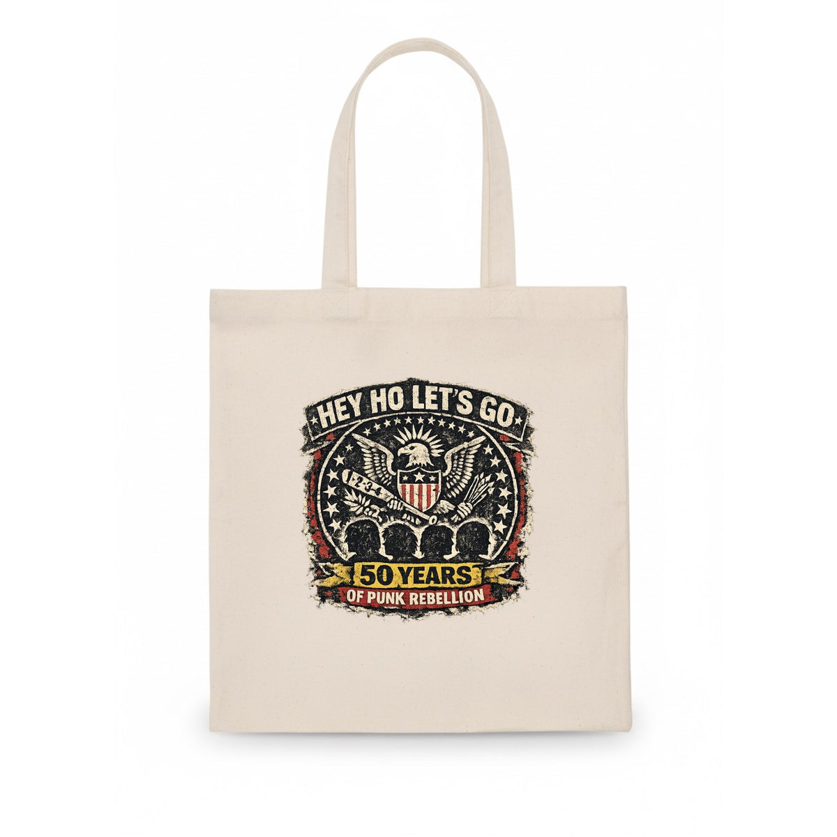RAMONES LEGACY | Hey Ho Let's Go typography | Presidential seal parody | Four heads - Tote Bag - white