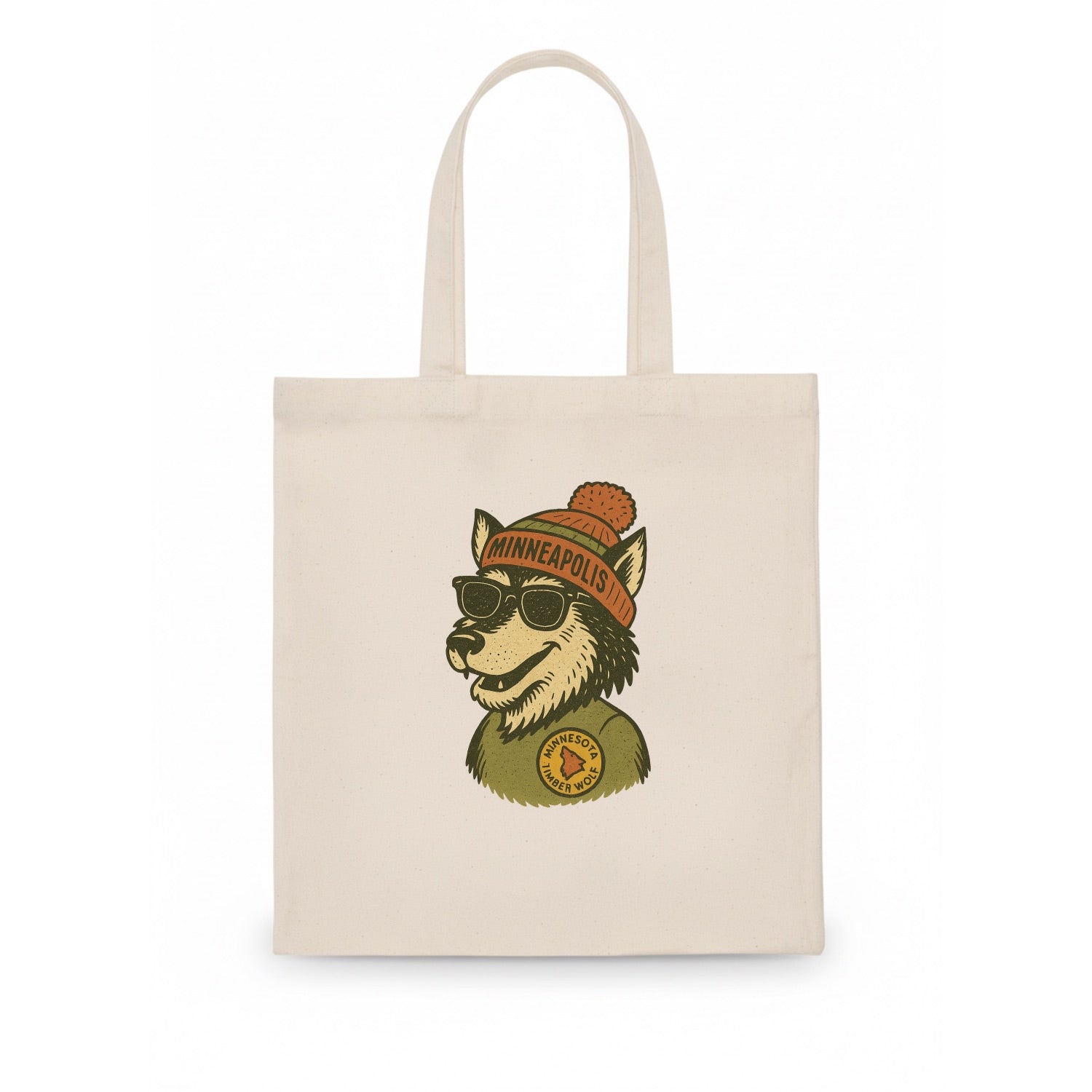 Minnesota Timber Wolf wearing Minneapolis beanie with pom pom and wayfarer sunglasses - Tote Bag - white