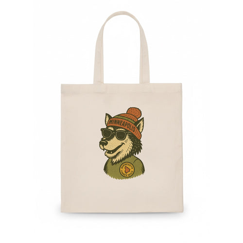 Minnesota Timber Wolf wearing Minneapolis beanie with pom pom and wayfarer sunglasses - Tote Bag