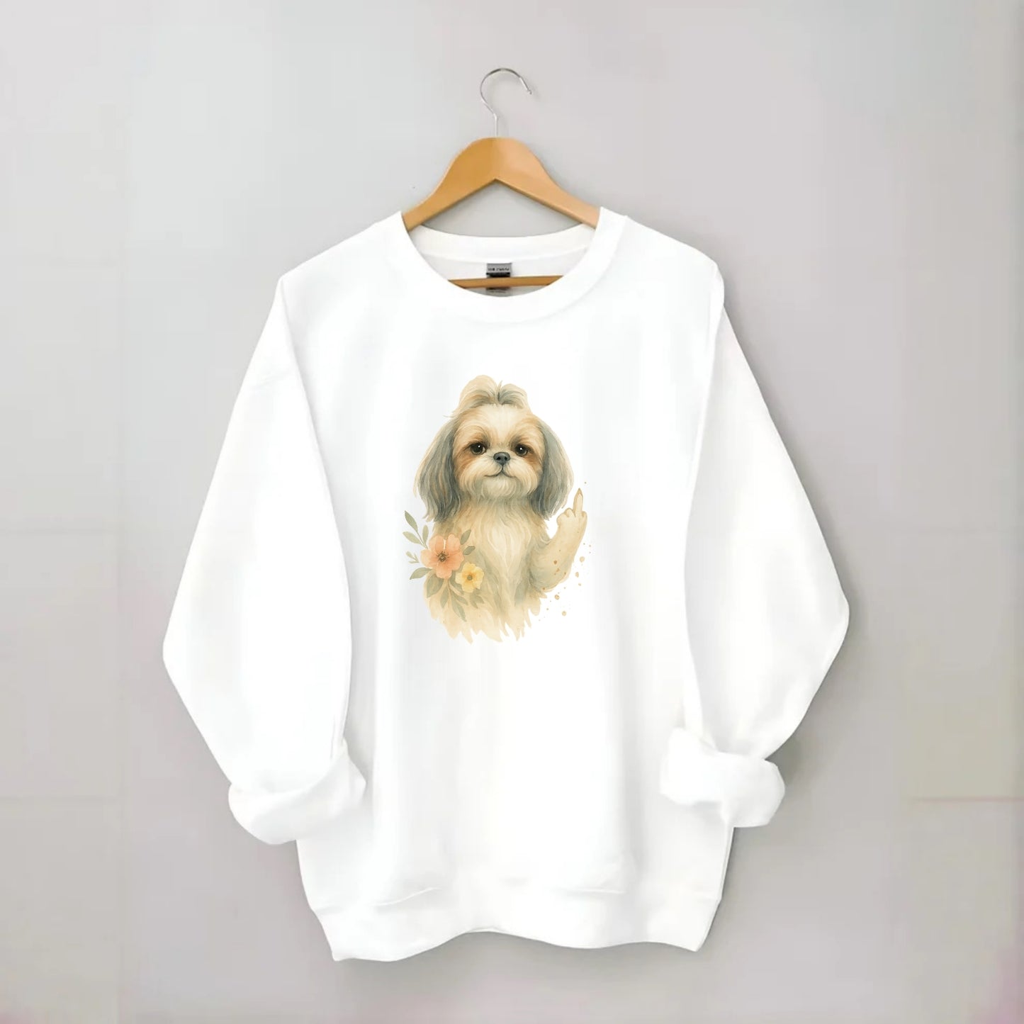 Shih Tzu with long flowing silky hair, tiny paw showing attitude - Crewneck Sweatshirt - white