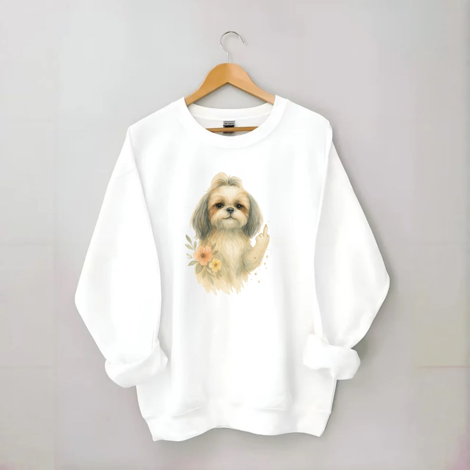 Shih Tzu with long flowing silky hair, tiny paw showing attitude - Crewneck Sweatshirt - white