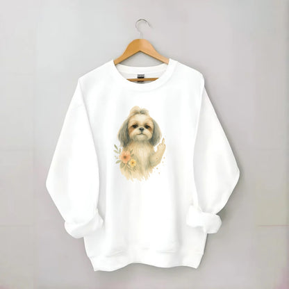 Shih Tzu with long flowing silky hair, tiny paw showing attitude - Crewneck Sweatshirt - white