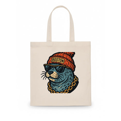 Boston Harbor Seal wearing Boston beanie with pom pom and wayfarer sunglasses - Tote Bag