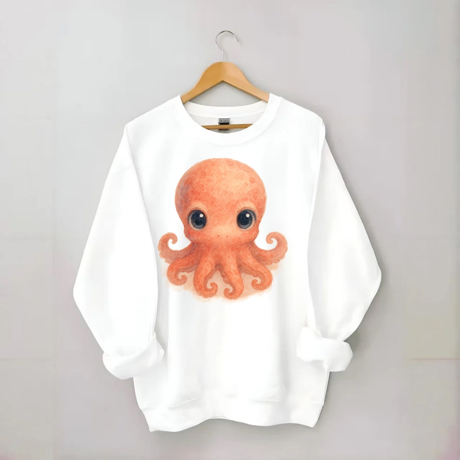 Baby Octopus - red-orange, eight tiny tentacles curled, large intelligent - Crewneck Sweatshirt - white