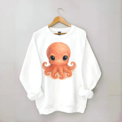 Baby Octopus - red-orange, eight tiny tentacles curled, large intelligent - Crewneck Sweatshirt - white